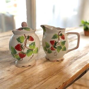 Strawberry Ceramic Sugar and Creamer Set approx. 4 1/2” tall 3” wide